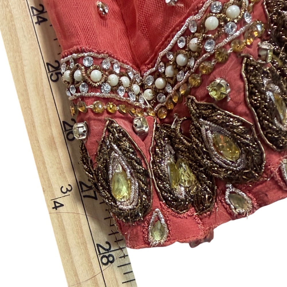 Vintage Indian Sharara Pants Coral Orange Beaded Embroidered Wide Leg Palazzo - Picture 8 of 9